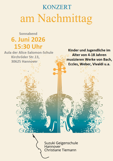 Ankündigung Sommerkonzert der Suzuki-Geigenschule Hannover am 6. Juni 2026